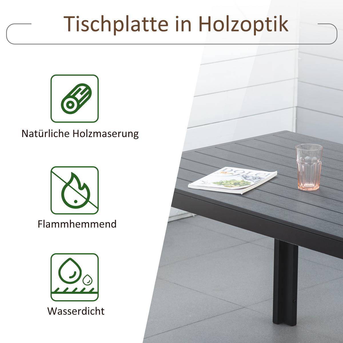 TISCH Alu WPC Esstisch Gartentisch Gartenmöbel Balkon Schwarz - Schwarz, Metall (190/84.5/72cm) - Outsunny