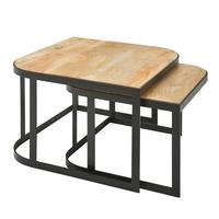 COUCHTISCH 2er Set Mango Massivholz Metall Rund Industrial Hell, Hellbraun 60x60x40 cm - Schwarz/Braun, Holz/Metall (60/60/40cm) - KADIMA DESIGN