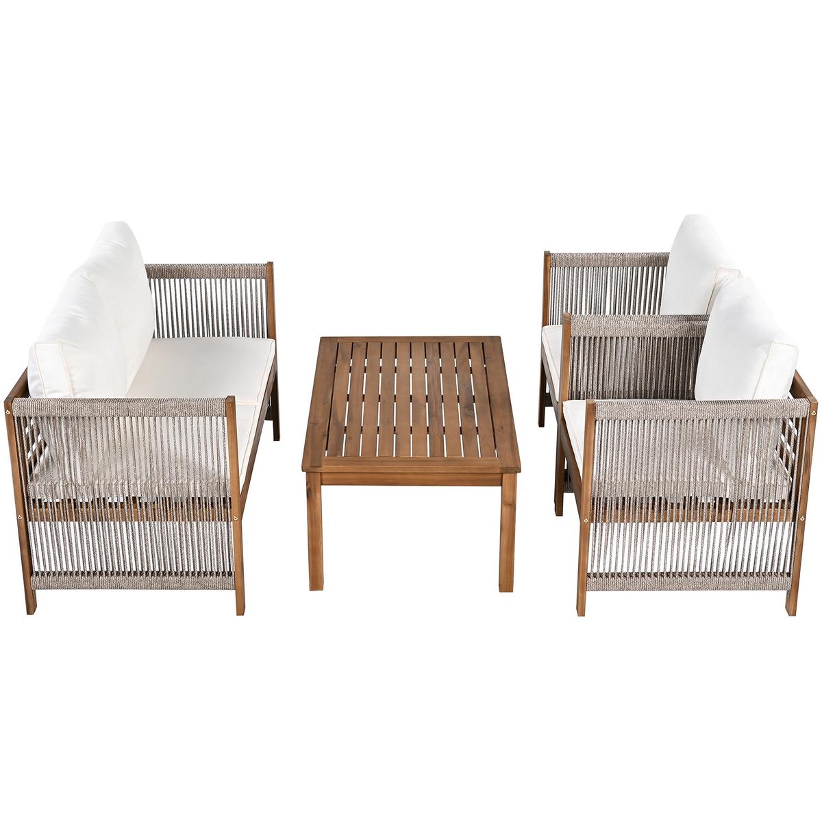 LOUNGEGARNITUR 4-tlg. Akazie & Seil Beige Gartensofa mit Tisch, 2 Sesseln & Kissen - Beige, Textil - Urban Meuble