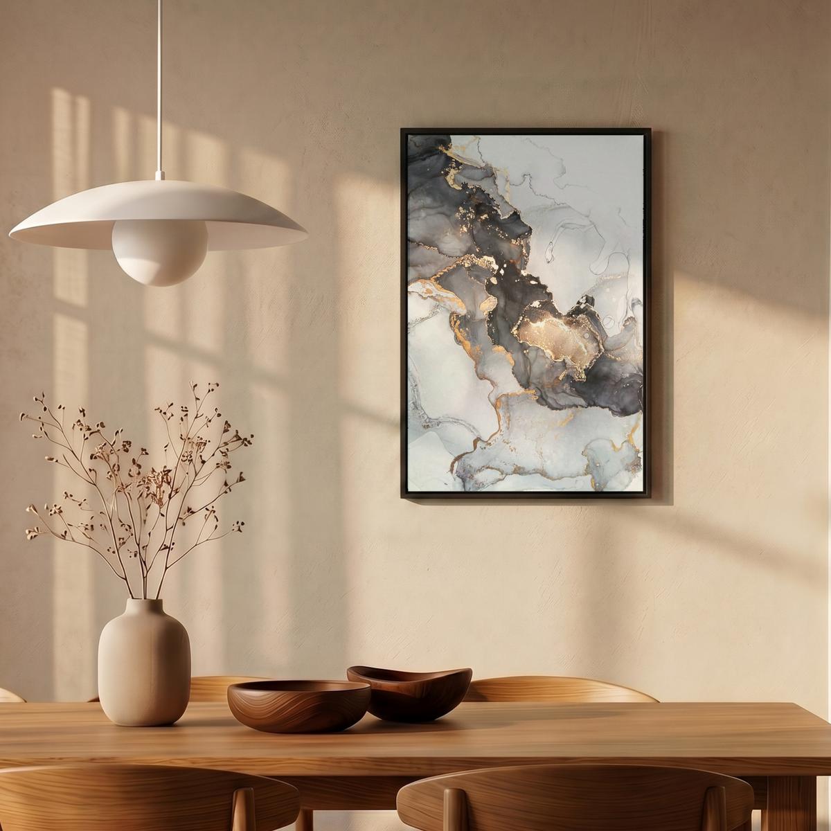 LEINWAND Bilder mit Rahmen - Marmor - Schwarz - Weiß - Gold - Luxus - Abstrakt - 40x60 - Goldfarben, Textil (40/60cm) - MuchoWow