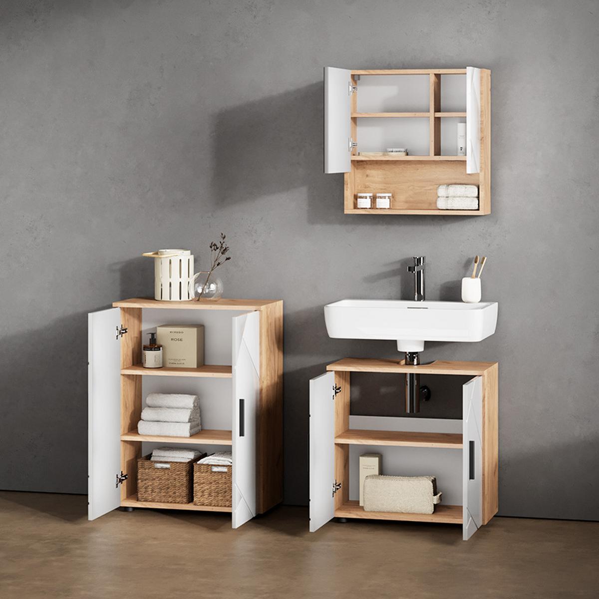 BADMÖBEL-SET Ronco Weiß Hochglanz/Goldkraft Eiche 3 Teile, mit Unterschrank 60 cm - Honigeiche/Weiß Hochglanz, Holzwerkstoff (60/59/30cm) - Livinity®