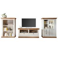 WOHNWAND weiß Pinie, Eiche Wotan, Landhaus Schrankwand 3-teilig 376 x 139 cm - Eichefarben/Silberfarben, Holzwerkstoff/Metall (376/139/52cm) - Furn.Design