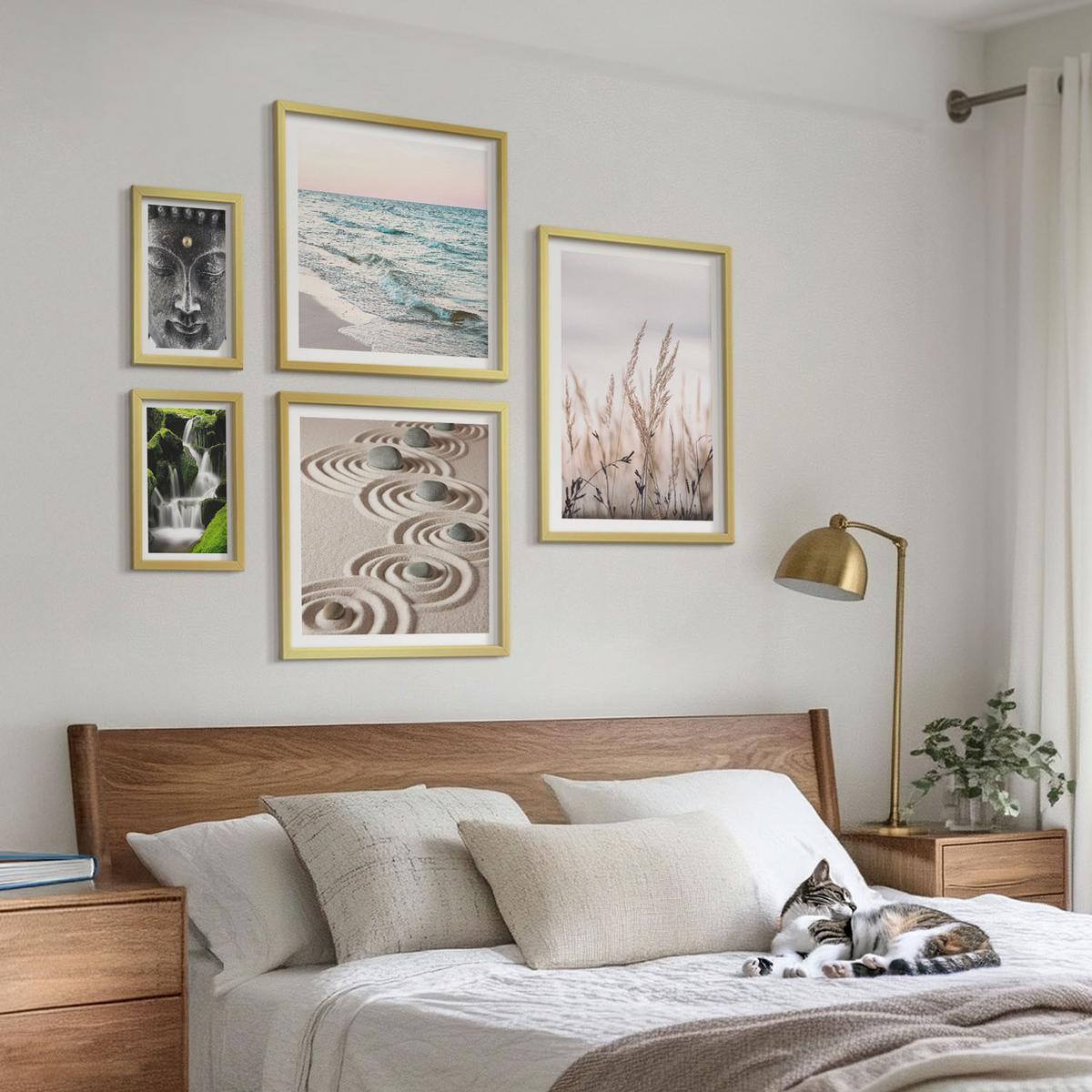 BILDER SET 5er Set - 50x50 cm & 20x30 cm & 40x60 cm Goldrahmen - Nachthimmel, Berge, Sterne - Goldfarben, Kunststoff (40/60cm) - TULUP