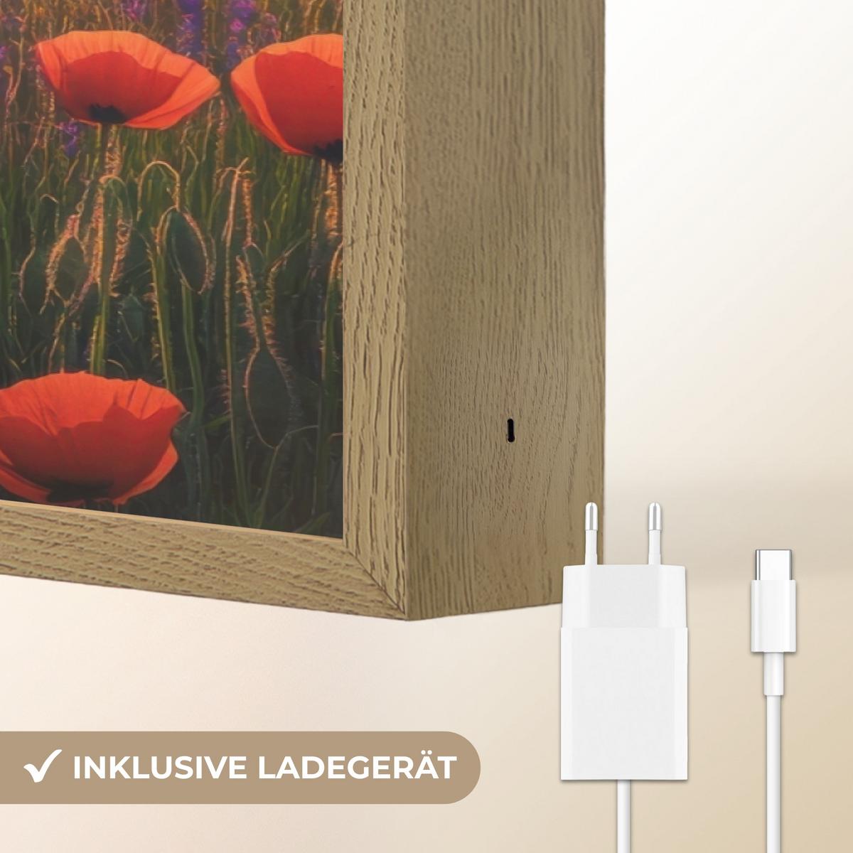 WANDLEUCHTE MIT AKKU Landschaft - Sonnenuntergang - Blumenfeld 90x60 cm - Rot, Holzwerkstoff (90/60/8cm) - OnlyWow