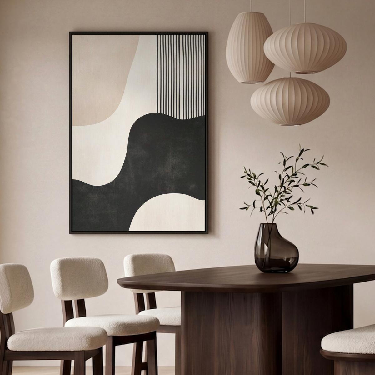 LEINWAND Bilder mit Rahmen - Abstrakt - Japandi - Beige - Modern - 80x120 - Schwarz, Textil (80/120cm) - MuchoWow