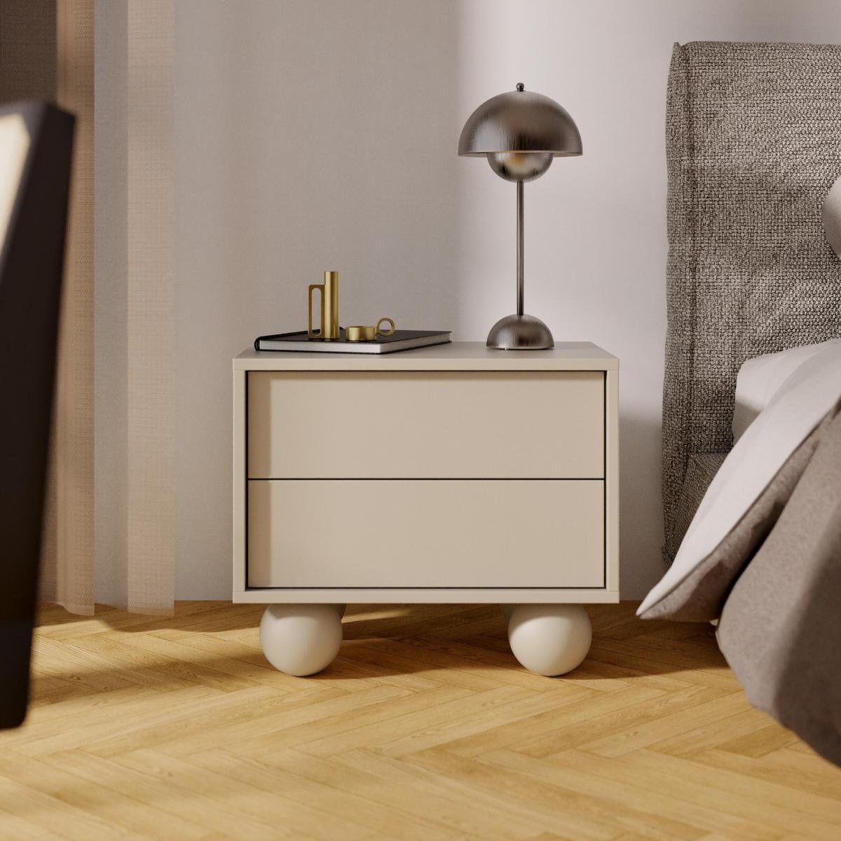 NACHTTISCH Adel mit 2 Schubladen und runden Füßen, 54 cm, Griffloss, Kaschmir - Kaschmir, Holzwerkstoff (54/35/38cm) - Beautysofa