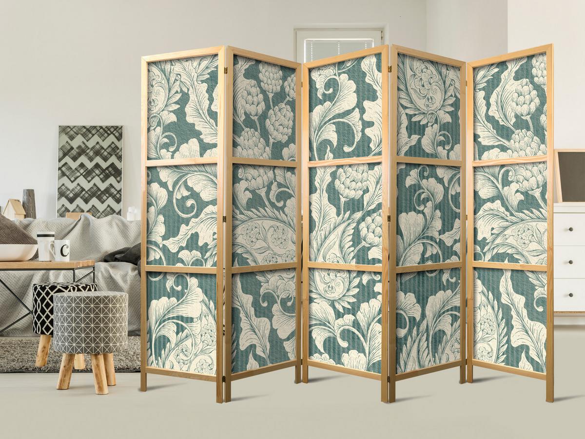 PARAVENT Japanischer 5-tlg 225x172 cm Pflanzen Ornamente - Multicolor, Holz/Textil (225/172/3cm) - Muralo