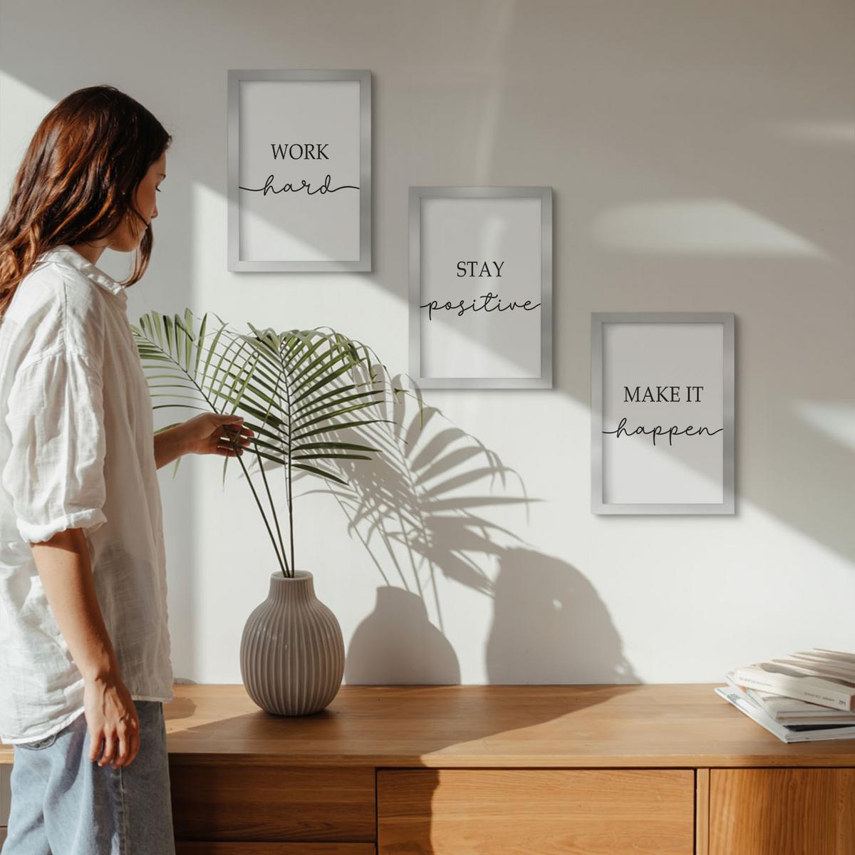BILDER SET 3er Set - 20x30 cm Silberner Rahmen - Minimalistische Motivationsinschriften - Silberfarben, Kunststoff (20/30cm) - TULUP