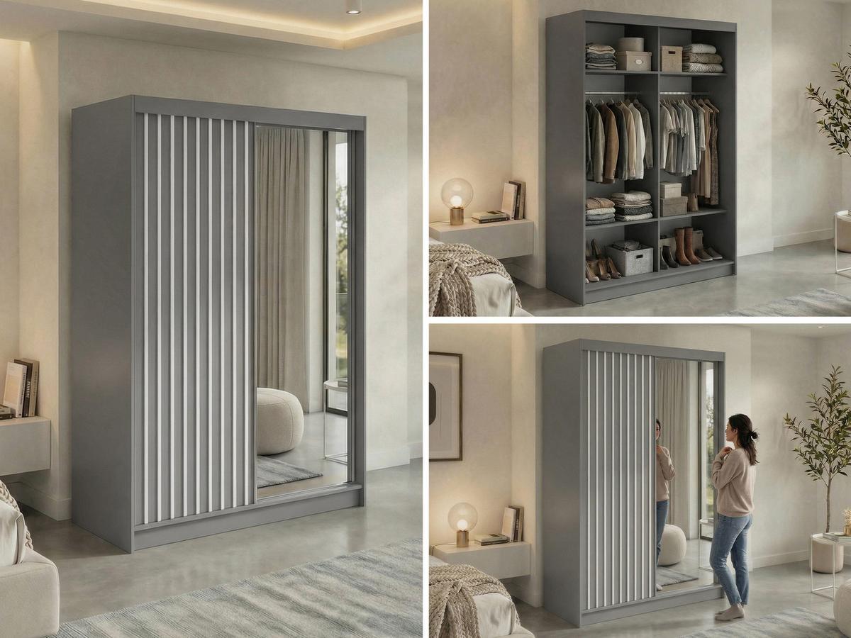 SCHWEBETÜRENSCHRANK mit Spiegel LAOS - 150 - Grau - Weiß Lamellen - Alufarben/Weiß, Holzwerkstoff/Metall (150/216/61cm) - MKS