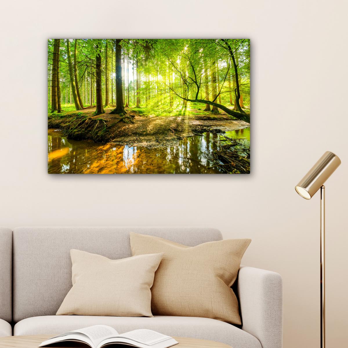 LEINWANDBILD Wald - Landschaft - Wasser - Bäume - Sonne - Grün - Natur XXL 150x100 cm - Grün, Textil (150/100cm) - MuchoWow