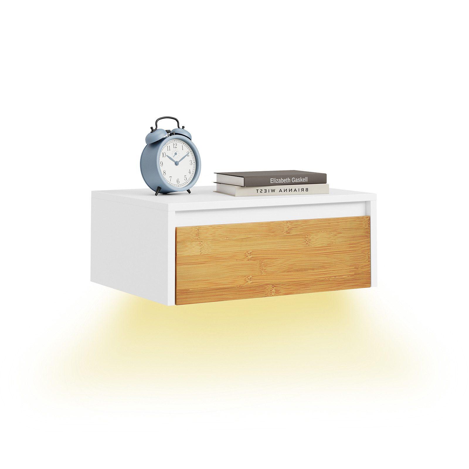 SCHWEBENDER-NACHTTISCH mit Schublade, Wandregal 40x29,8x15,6cm - Weiß/Naturfarben, Holzwerkstoff (40/11/30cm) - SoBuy