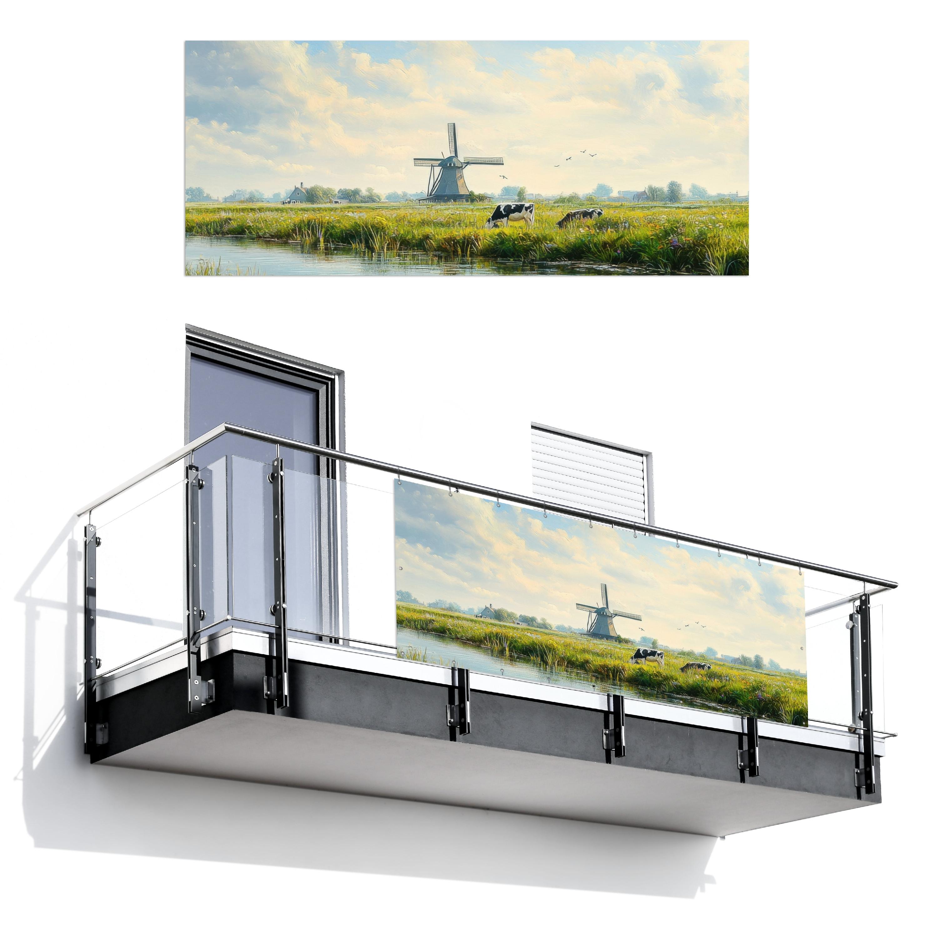 BALKON-SICHTSCHUTZ Kühe - Windmühle - Wiese - Blau Balkon Deko 300x120 cm - Grün, Kunststoff (300/120cm) - MuchoWow
