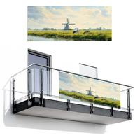 BALKON-SICHTSCHUTZ Kühe - Windmühle - Wiese - Blau Balkon Deko 300x120 cm - Grün, Kunststoff (300/120cm) - MuchoWow