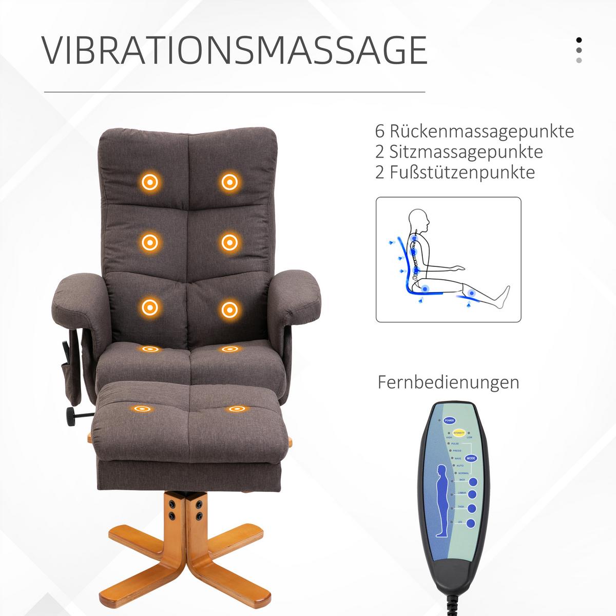 RELAXSESSEL Massagesessel mit Fußhocker Liegefunktion Polyester Braun - Braun, Holz/Textil (86/99/80cm) - HOMCOM