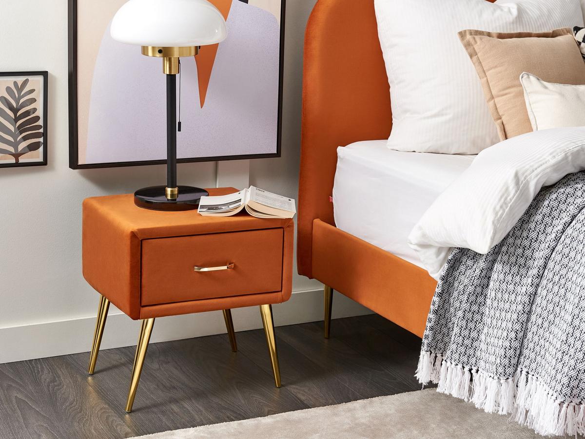 NACHTTISCH Samtstoff orange/gold 1 Schublade 38/46/49 cm Flayat - Goldfarben/Orange, Textil (46/49/38cm) - Beliani