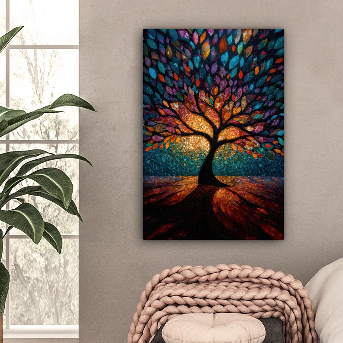 LEINWANDBILD Mosaik - Bunt - Baum - Äste Wanddeko Schlafzimmer 60x90 cm - Multicolor, Textil (60/90cm) - MuchoWow