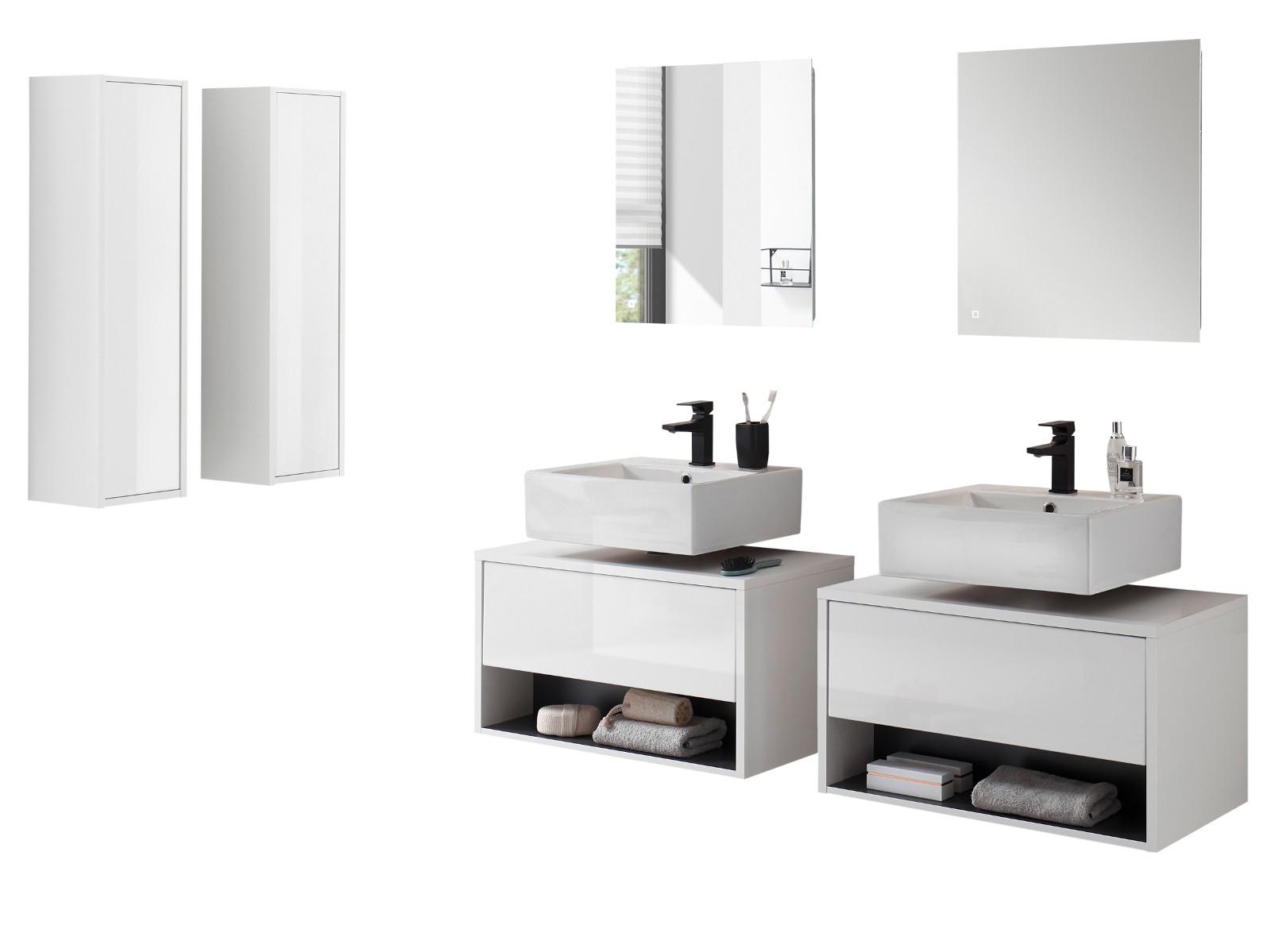 BADMÖBEL-SET 6-teilig weiß Hochglanz, grau, Komplettset mit LED Beleuchtung - Weiß Hochglanz/Grau, Glas/Holzwerkstoff (250/190/46cm) - Furn.Design