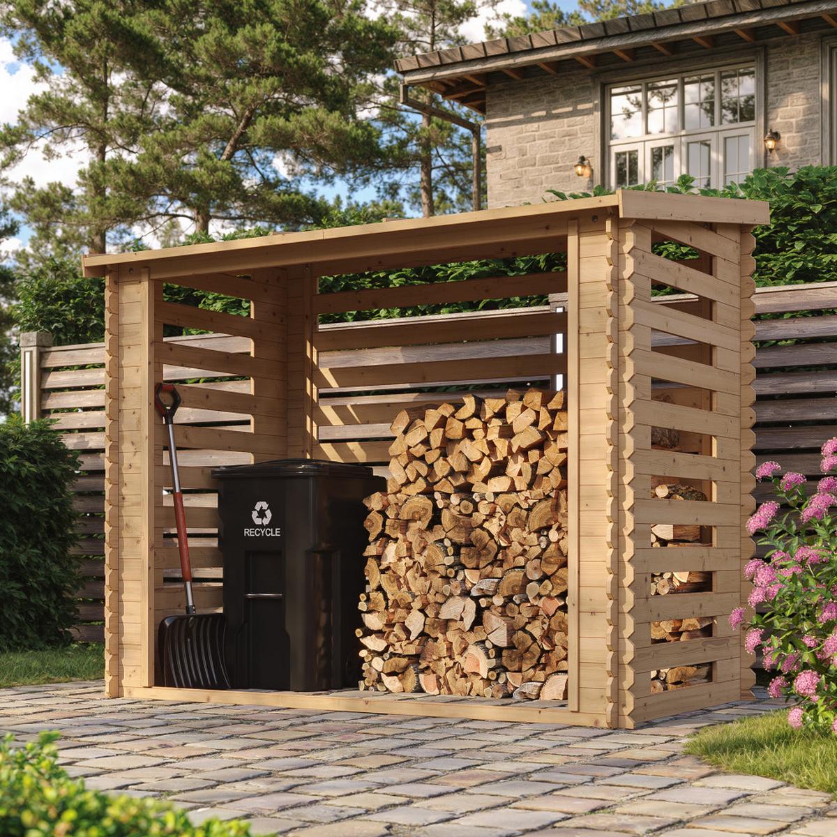 KAMINHOLZREGAL aus Holz 2,55 m², Brennholzunterstand mit Pultdach, ca. 4,3 m³ Brennholzkapazität, 232 x 146 x 199 cm (B x T x H) - Naturfarben, Holz (232/199/146cm) - Timbela