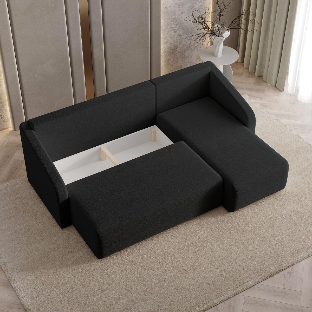 ECKSOFA MARELLO Schwarz Boucle-Stoff mit Schlaffunktion - Schwarz, Holz (220/143cm) - MASSENO