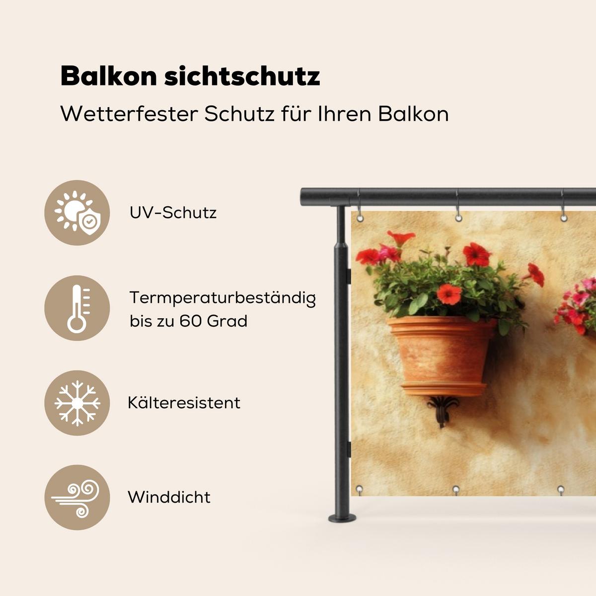 BALKON-SICHTSCHUTZ Blumentöpfe - Wand - Vintage Deko XXL 500x100 cm - Terracotta, Kunststoff (500/100cm) - MuchoWow