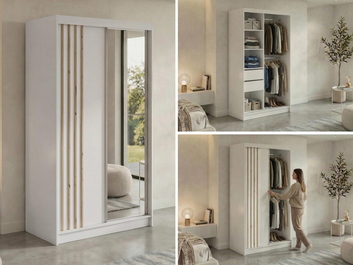 SCHWEBETÜRENSCHRANK mit Lamellen, Spiegel und Schubladen DIANA - 120 - Weiß und Eiche Artisan - Alufarben/Weiß, Holzwerkstoff/Metall (120/216/61cm) - MKS