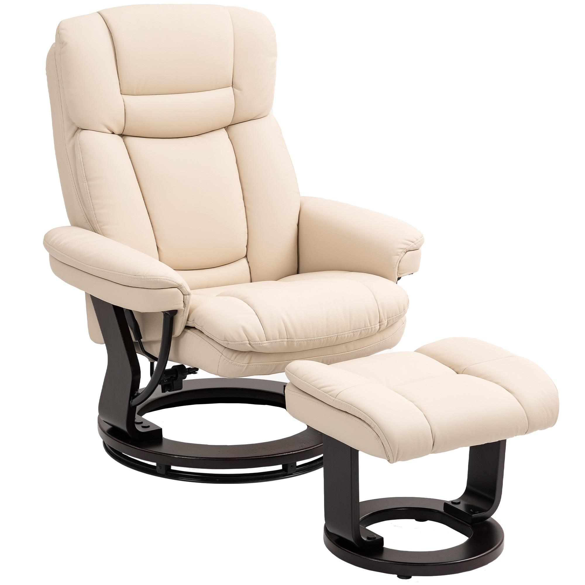 RELAXSESSEL mit Hocker drehbarer Fernsehsessel mit Liegefunktion Taschenfeder - Creme, Leder (83/107/86cm) - HOMCOM
