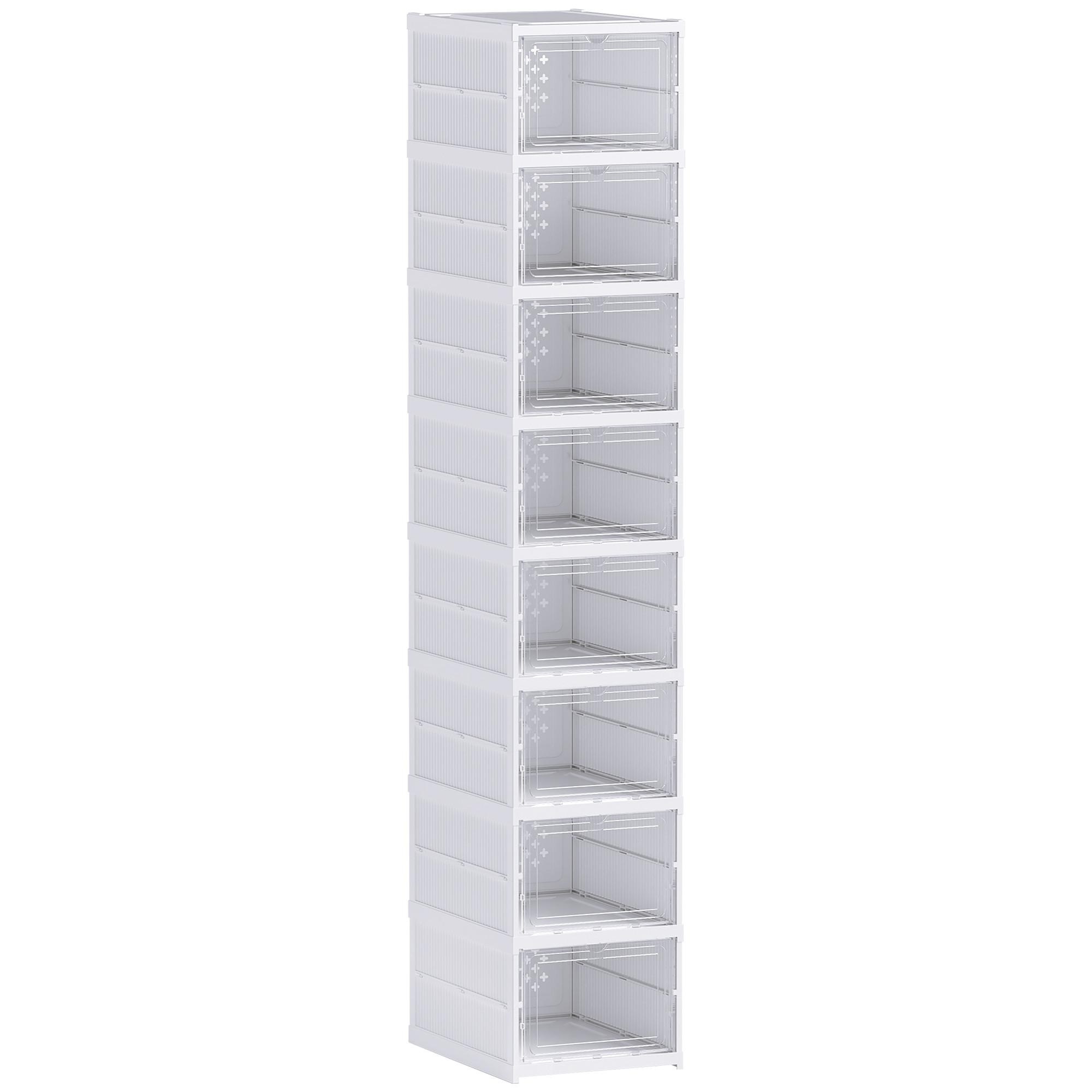SCHUHBOXEN Stapelbare, Faltbar 8 Stück Schuh-Organizer mit Transparenten Türen - Weiß, Kunststoff (26/140/35cm) - HOMCOM