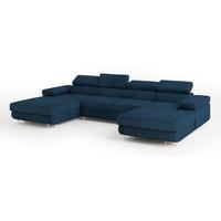 WOHNLANDSCHAFT LYKKE Blau Velours-Stoff mit Schlaffunktion - Blau, Holz (353/90/202cm) - MASSENO