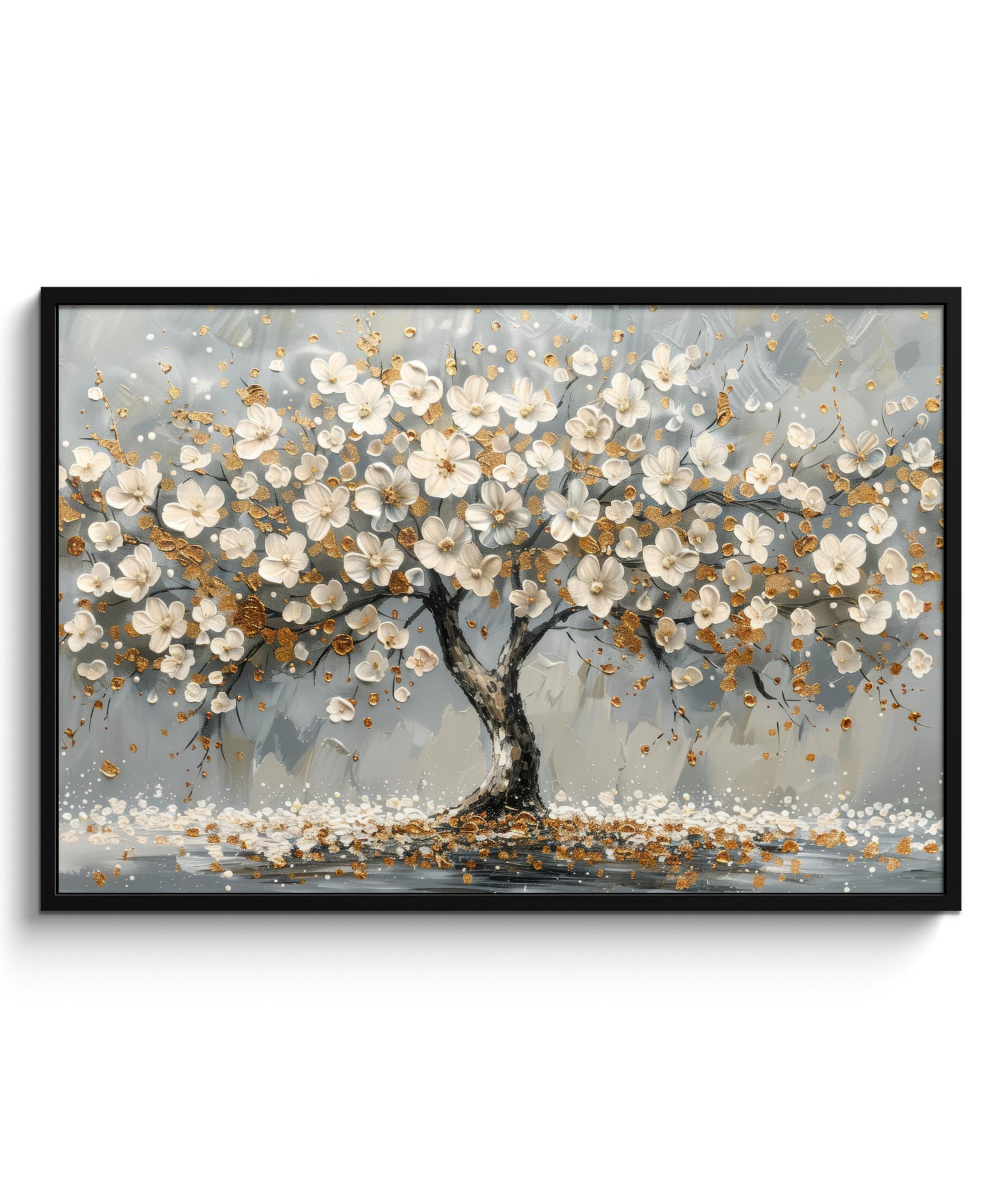 POSTER MIT RAHMEN Baum - Blumen - Weiß - Natur - Kunst 120x80 cm - Weiß, Papier (120/80cm) - MuchoWow