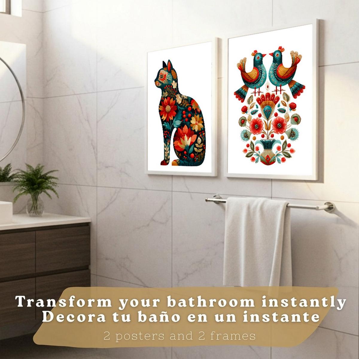 POSTER 2er-Set dekorative Badezimmer-Kunstdrucke, im Stil der Volkskunst für Wand, Toilette mit Vögeln und elegantem Blumen-Katzen Weißer Rahmen A3 - Weiß, Papier (42/29.7/3cm) - Nacnic