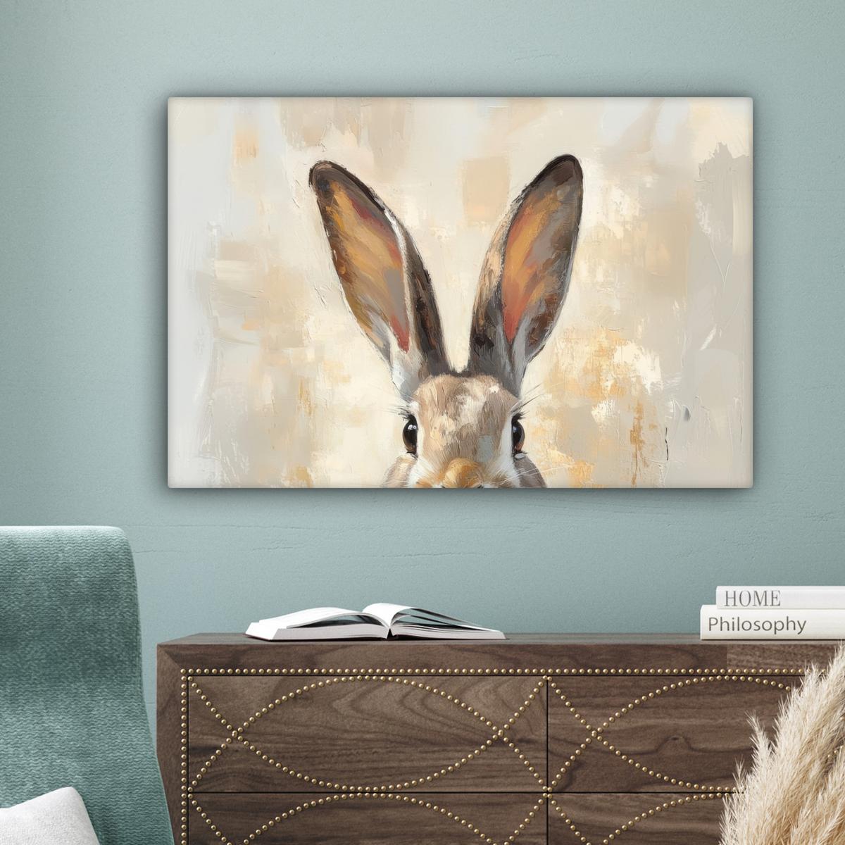 LEINWANDBILD Hase - Ohren - Braun Gemälde 60x40 cm - Beige, Textil (60/40cm) - MuchoWow