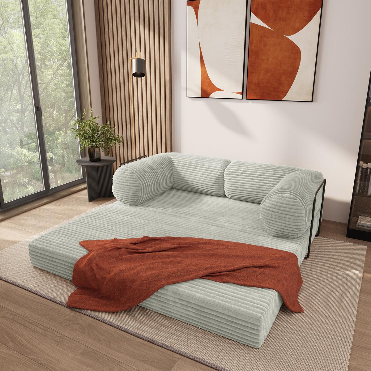 BETTSOFA ALVIO aus Schaumstoff Kordstoff Hellgrau Schlaffunktion - Hellgrau, Textil (170/68/80cm) - MASSENO