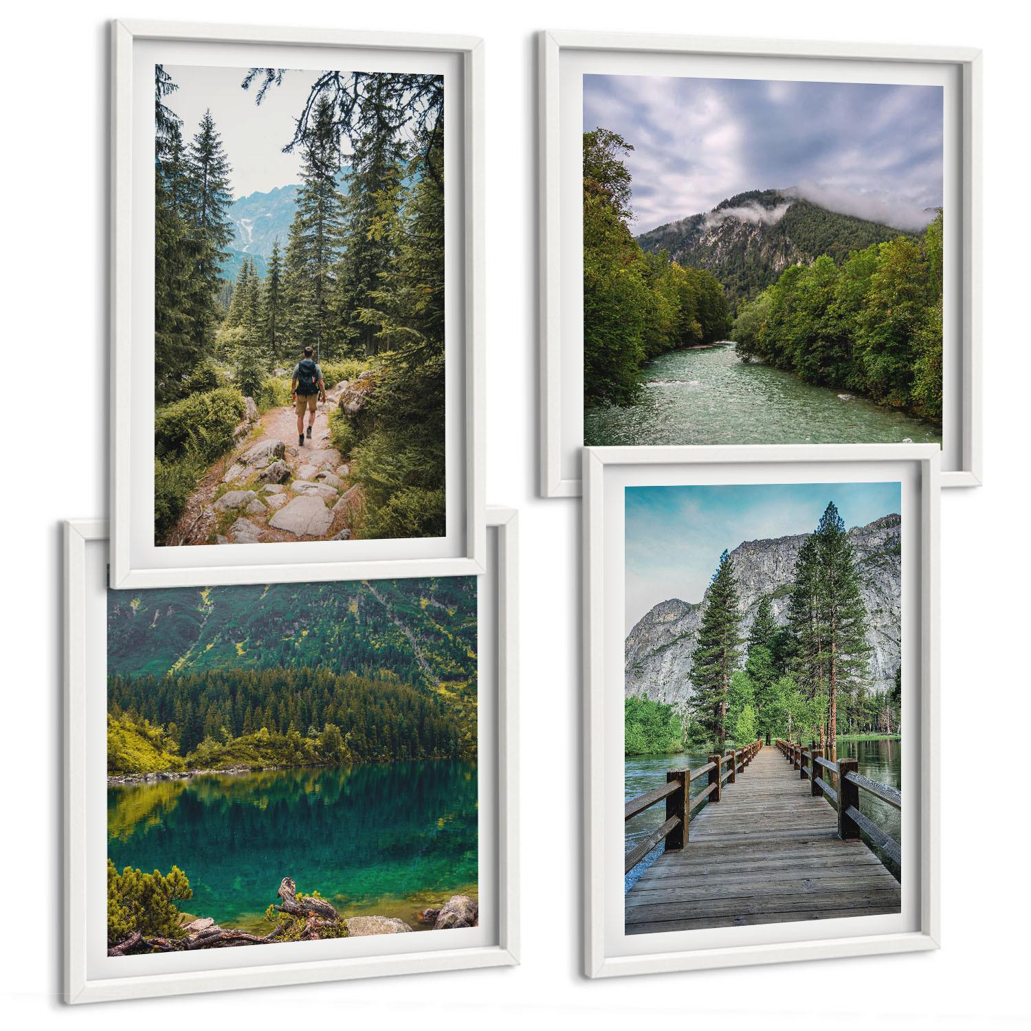 BILDER SET 4er Set - 50x50 cm & 40x60 cm Weißer Rahmen - Berge, Seen, Wälder, Wege - Weiß, Kunststoff (50/50cm) - TULUP