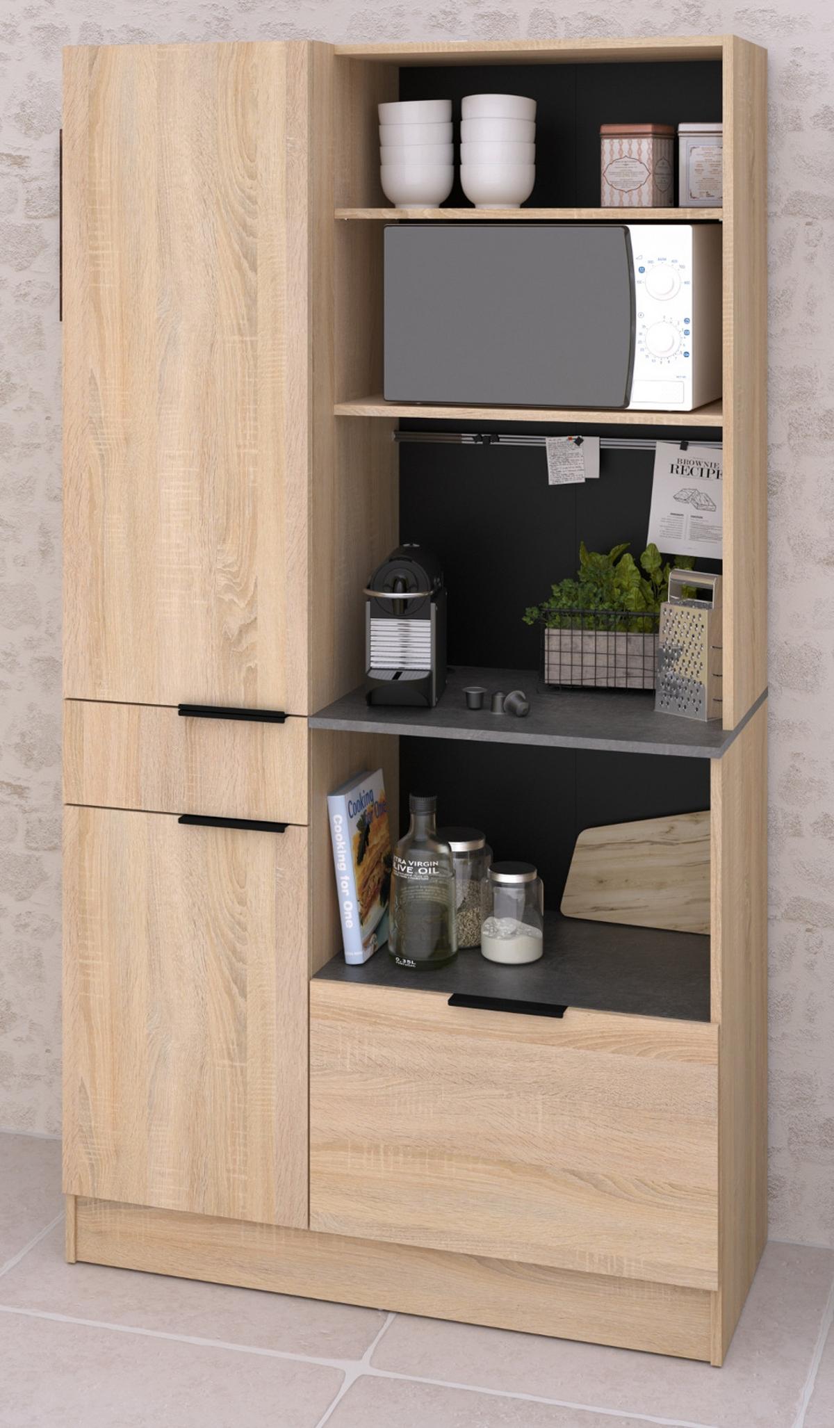 BUFFET Küche Eiche, grau 100 cm Küchenschrank mit viel Stauraum - Eichefarben/Schwarz, Holzwerkstoff/Metall (100/186/45cm) - Parisot Meuble