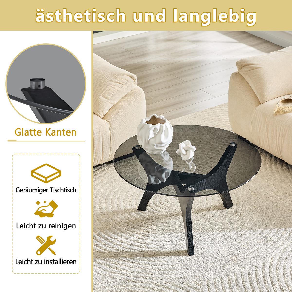 COUCHTISCH rund (Ø 80cm) aus schwarzem Holz und bernsteinfarbenem Glas - Schwarz, Glas (80/80/42.2cm) - Urban Meuble