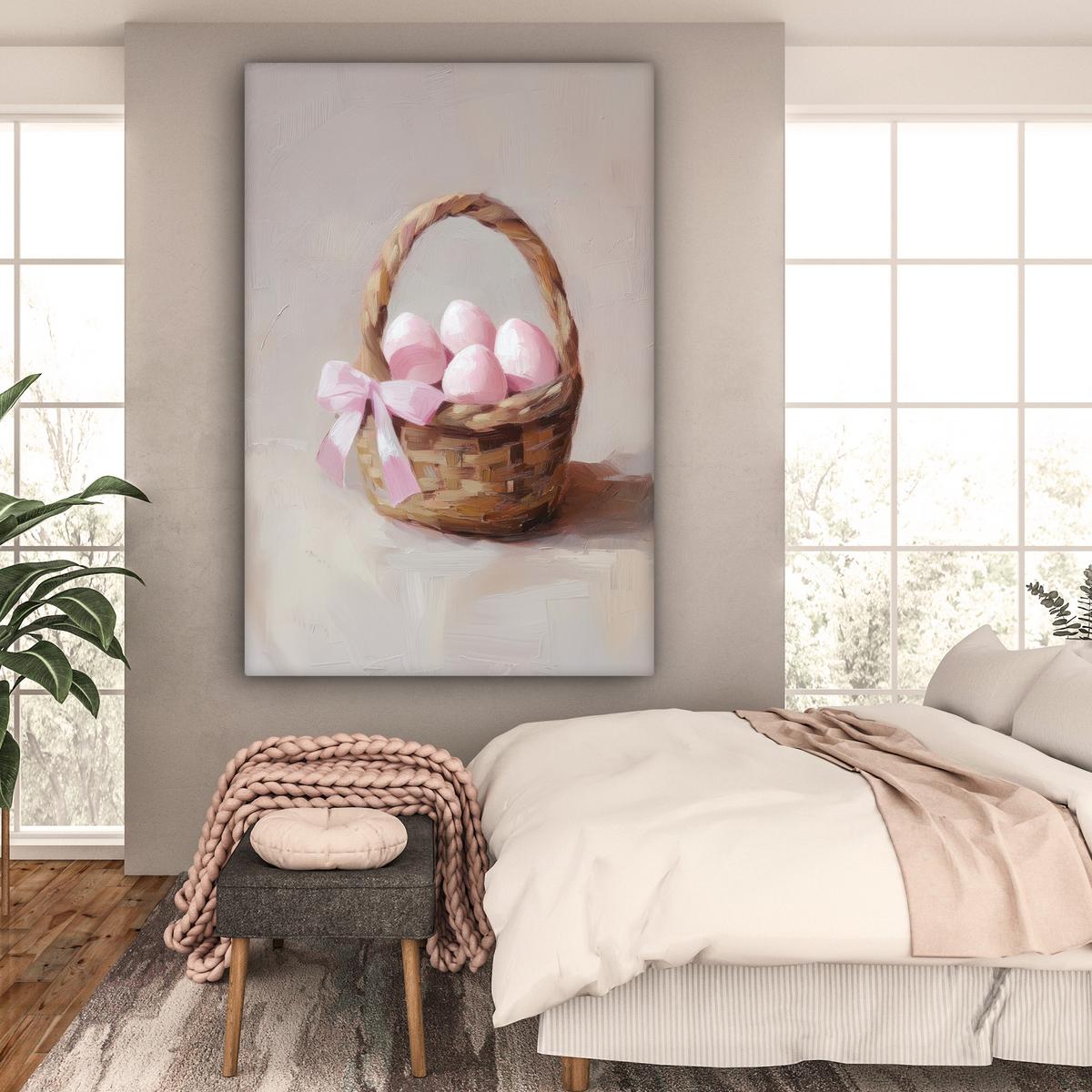 LEINWANDBILD Korb - Eier - Rosa Deko Groß 90x140 cm - Beige, Textil (90/140cm) - MuchoWow