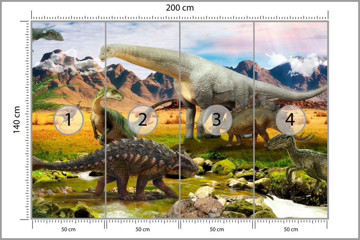 FOTOTAPETE für Kinderzimmer Dinosaurier Berge aus Felsen Bäume 200x140 - Multicolor, Papier (200/140cm) - Muralo