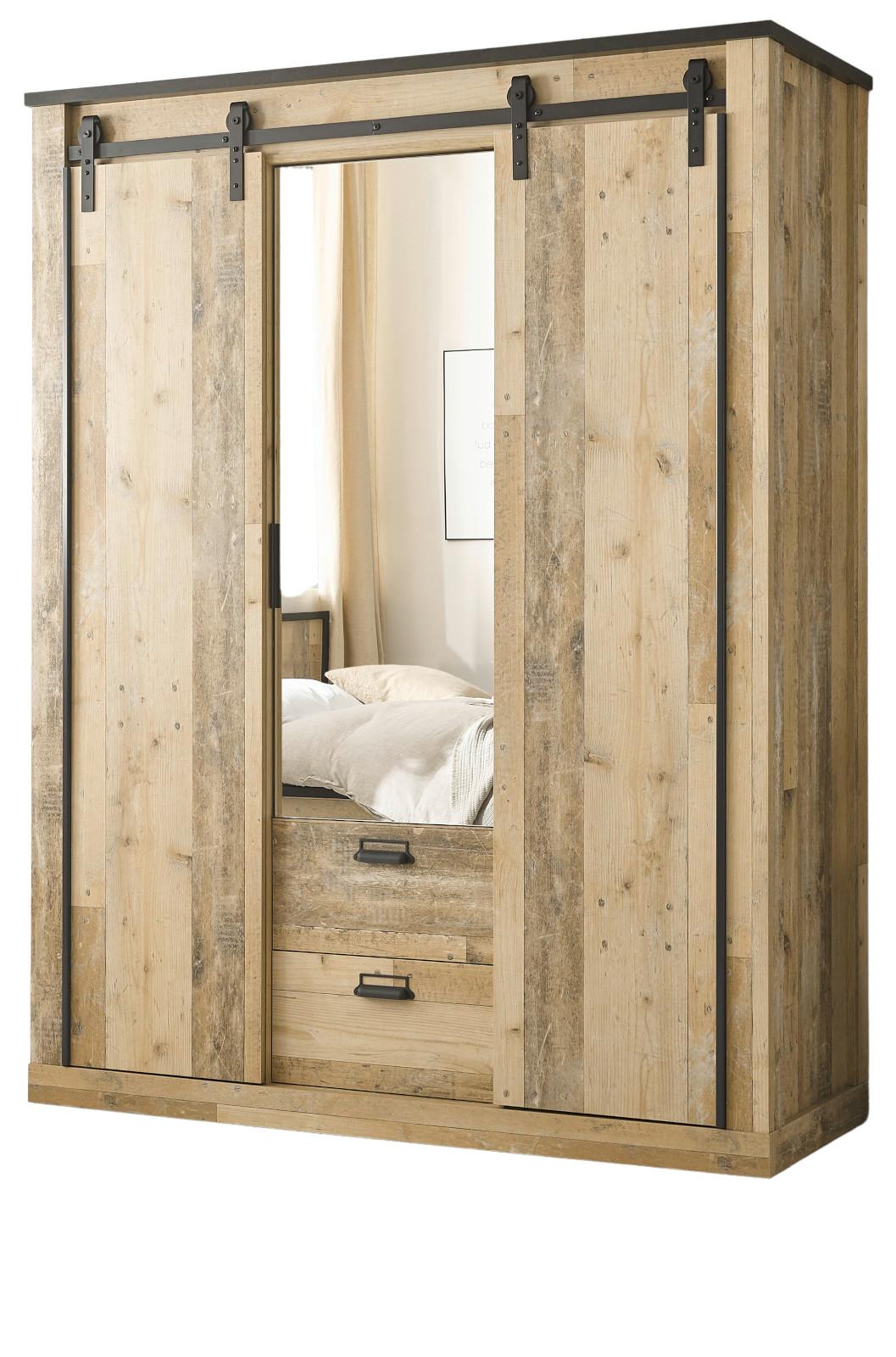 KLEIDERSCHRANK Used Wood hell, dunkles Grau 163 x 209, Schiebetürenschrank 3-türig mit Spiegel - Dunkelgrau/Schwarz, Glas/Holzwerkstoff (163/209/63cm) - Furn.Design