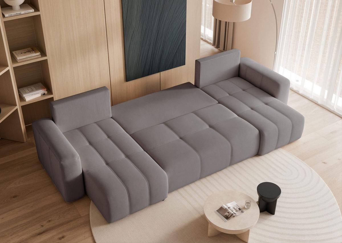 WOHNLANDSCHAFT U-Form Velours mit Bettkasten und Schlaffunktion - Dunkelgrau, Holzwerkstoff/Textil (318/79/145cm) - Idohome