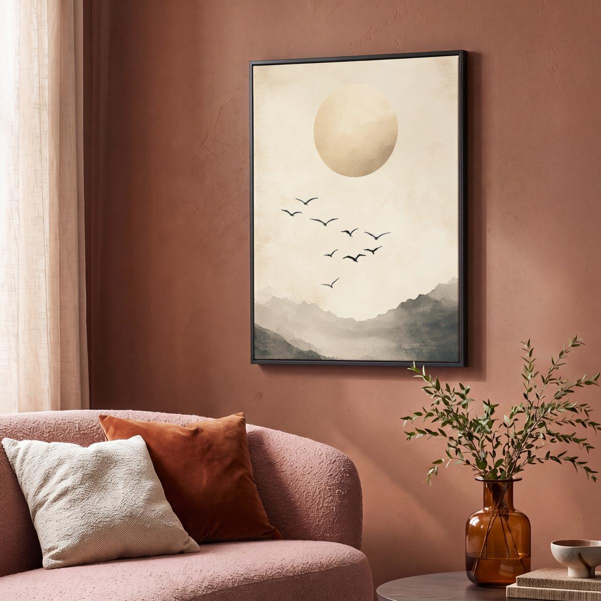 LEINWAND Bilder mit Rahmen - Landschaft - Japandi - Vogel - 70x100 - Beige, Textil (70/100cm) - MuchoWow