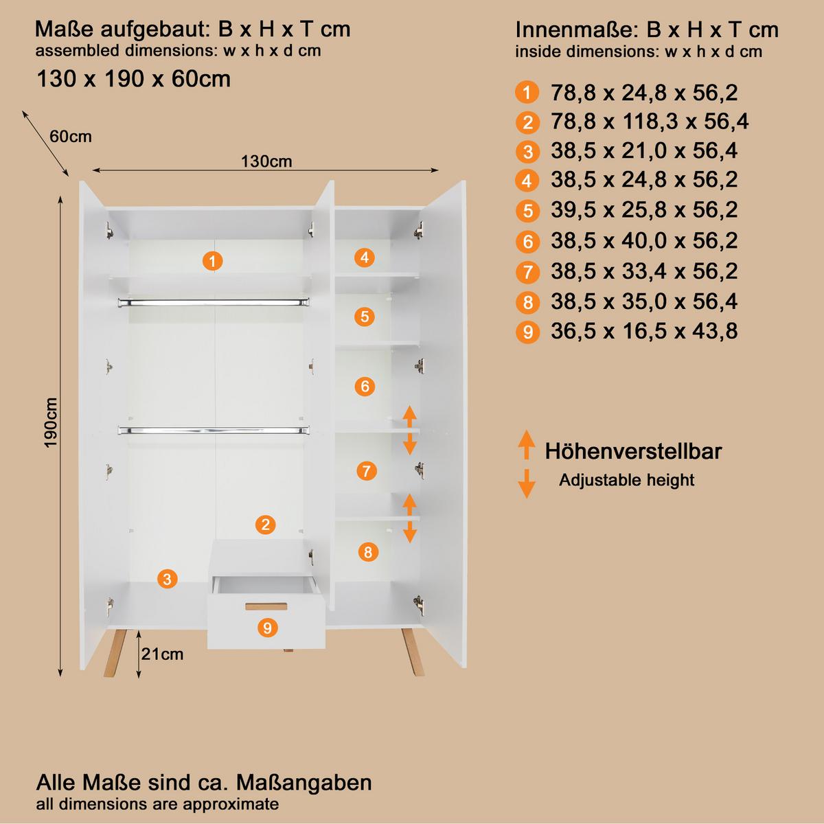 KLEIDERSCHRANK weiß matt mit Buche massiv, 3-türig 130 x 190 cm für Baby- und Kinderzimmer - Eichefarben/Buchefarben, Holz/Holzwerkstoff (60/190/130cm) - Top.Furn