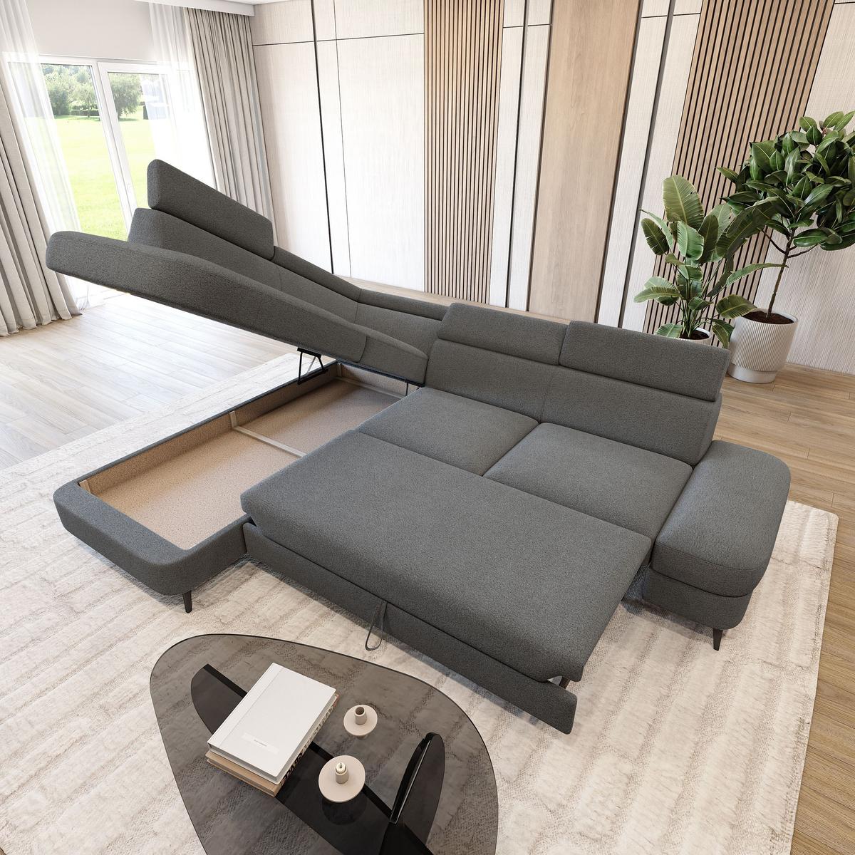 ECKSOFA AVISE Q L-S Grau Boucle-Stoff mit Schlaffunktion - Grau, Holzwerkstoff/Textil (268/195cm) - MASSENO