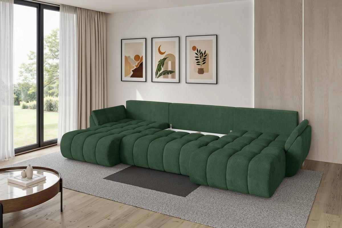 WOHNLANDSCHAFT mit Schlaffunktion und Bettkasten TOKO-U-v1 378x194x86 Grün Cord - Dunkelgrün/Schwarz, Holzwerkstoff/Kunststoff (378/86/194cm) - ALTDECOR