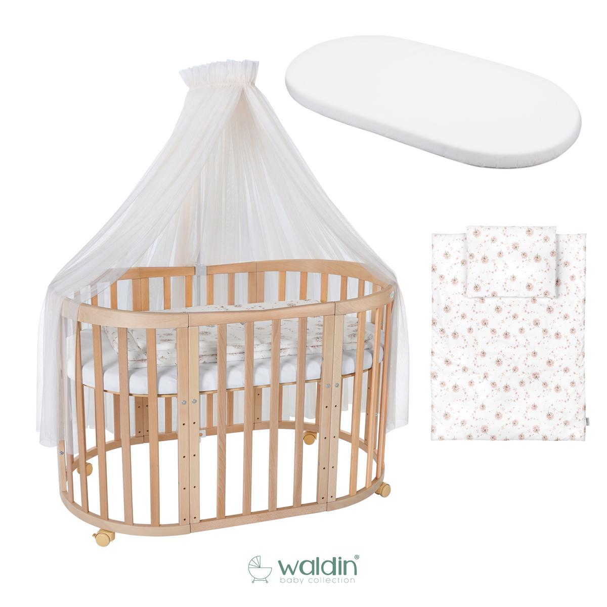 BABYBETT NATUR OVAL 7in1 mit Matratze und Himmelset - Champagner/Naturfarben, Holz/Textil (73/125cm) - waldin