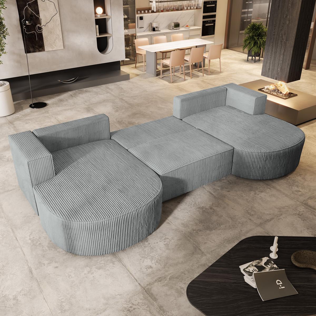 WOHNLANDSCHAFT VEZZO P Hellgrau Kordstoff mit Schlaffunktion - Hellgrau/Grau, Holz/Kunststoff (347/85/174cm) - MASSENO