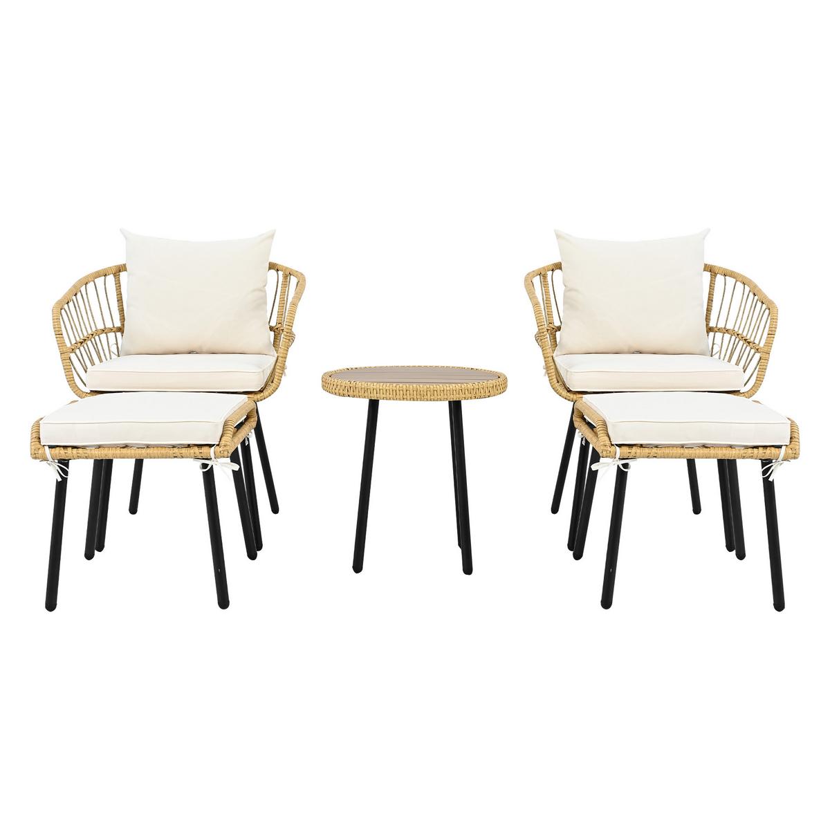 LOUNGEGARNITUR 5-tlg. Rattan Natur & Weiß Balkonmöbel mit Tisch, 2 Stühlen & 2 Hockern - Naturfarben, Textil - Urban Meuble