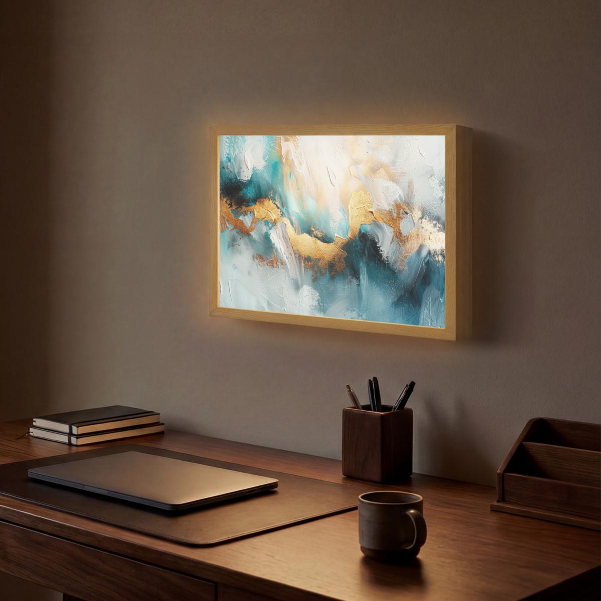 WANDLEUCHTE MIT AKKU Abstrakt - Kunst - Gold - Blau 40x30 cm - Türkis, Holzwerkstoff (40/30/8cm) - OnlyWow