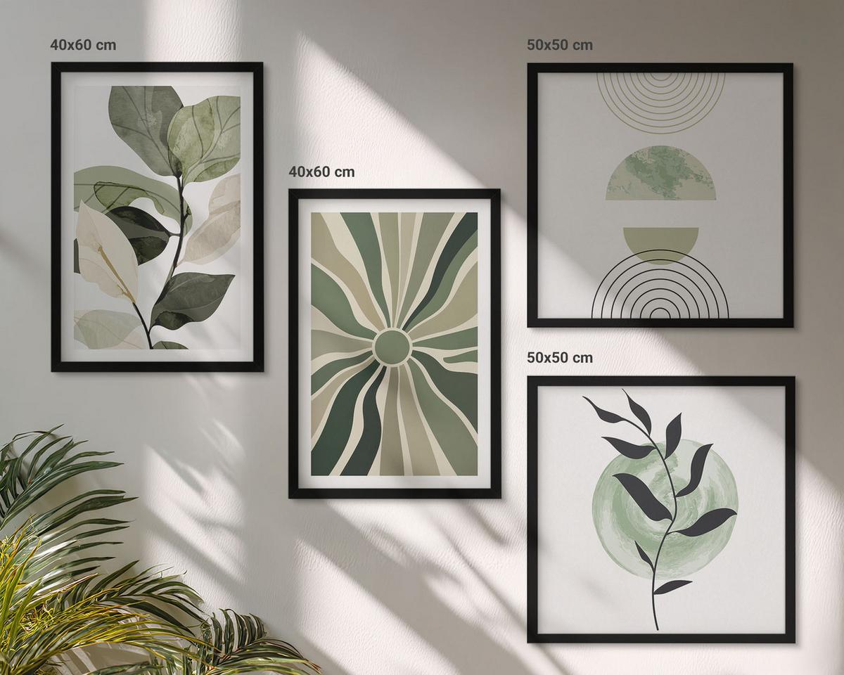 BILDER SET 4er Set - 50x50 cm & 40x60 cm Schwarzer Rahmen - Geometrische Pflanzenformen - Schwarz, Kunststoff (50/50cm) - TULUP