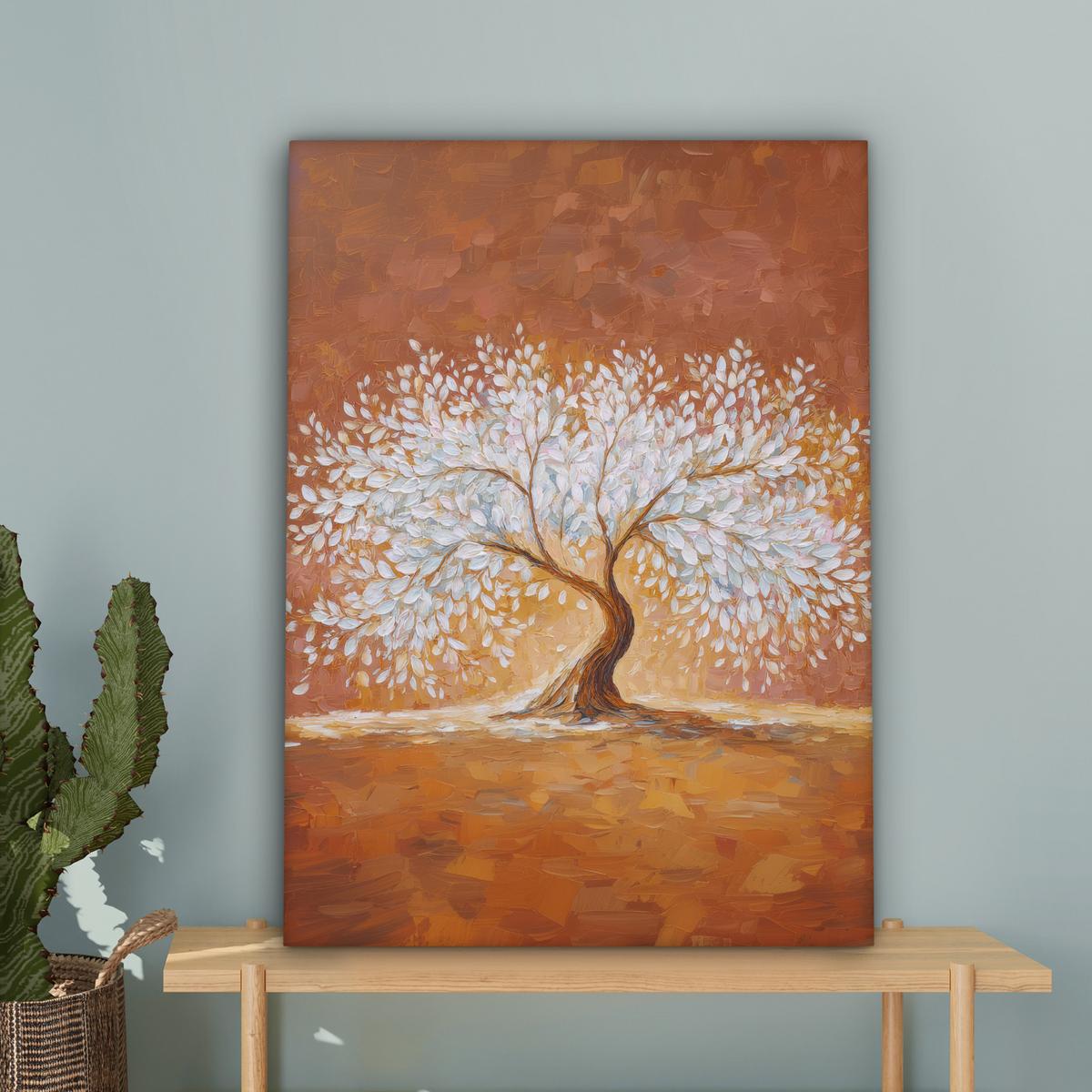 LEINWANDBILD Abstrakt - Baum - Weiß - Blätter Wandbild Wohnzimmer 60x80 cm - Braun, Textil (60/80cm) - MuchoWow
