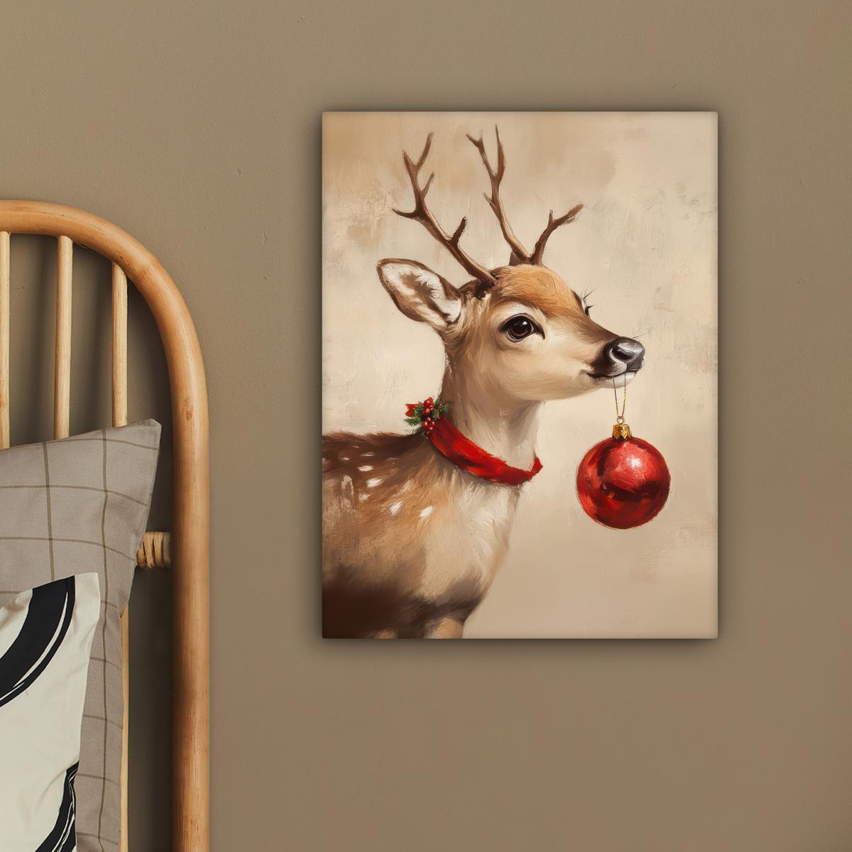 LEINWANDBILD Weihnachten - Hirsch - Geweih - Weihnachtskugel - Rentier Room Decor 30x40 cm - Hellbraun, Textil (30/40cm) - MuchoWow